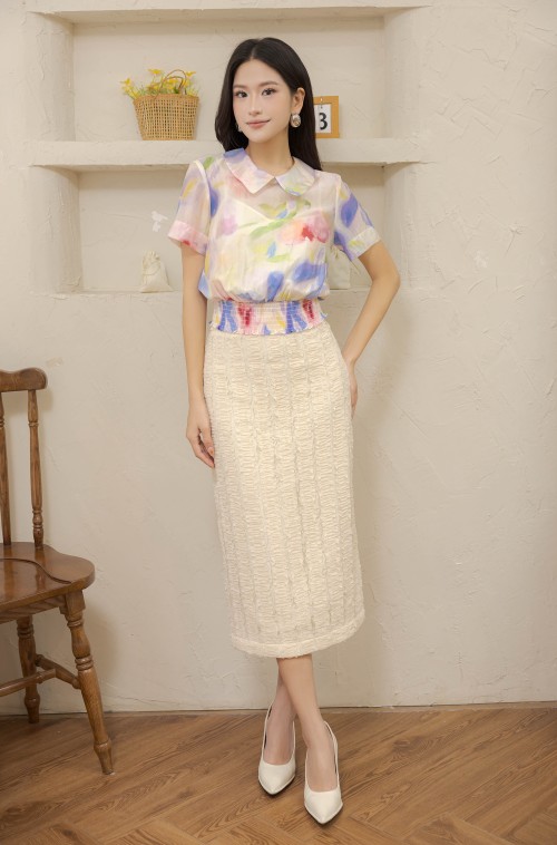 Sixdo Multicolor Short Sleeves Organza Top